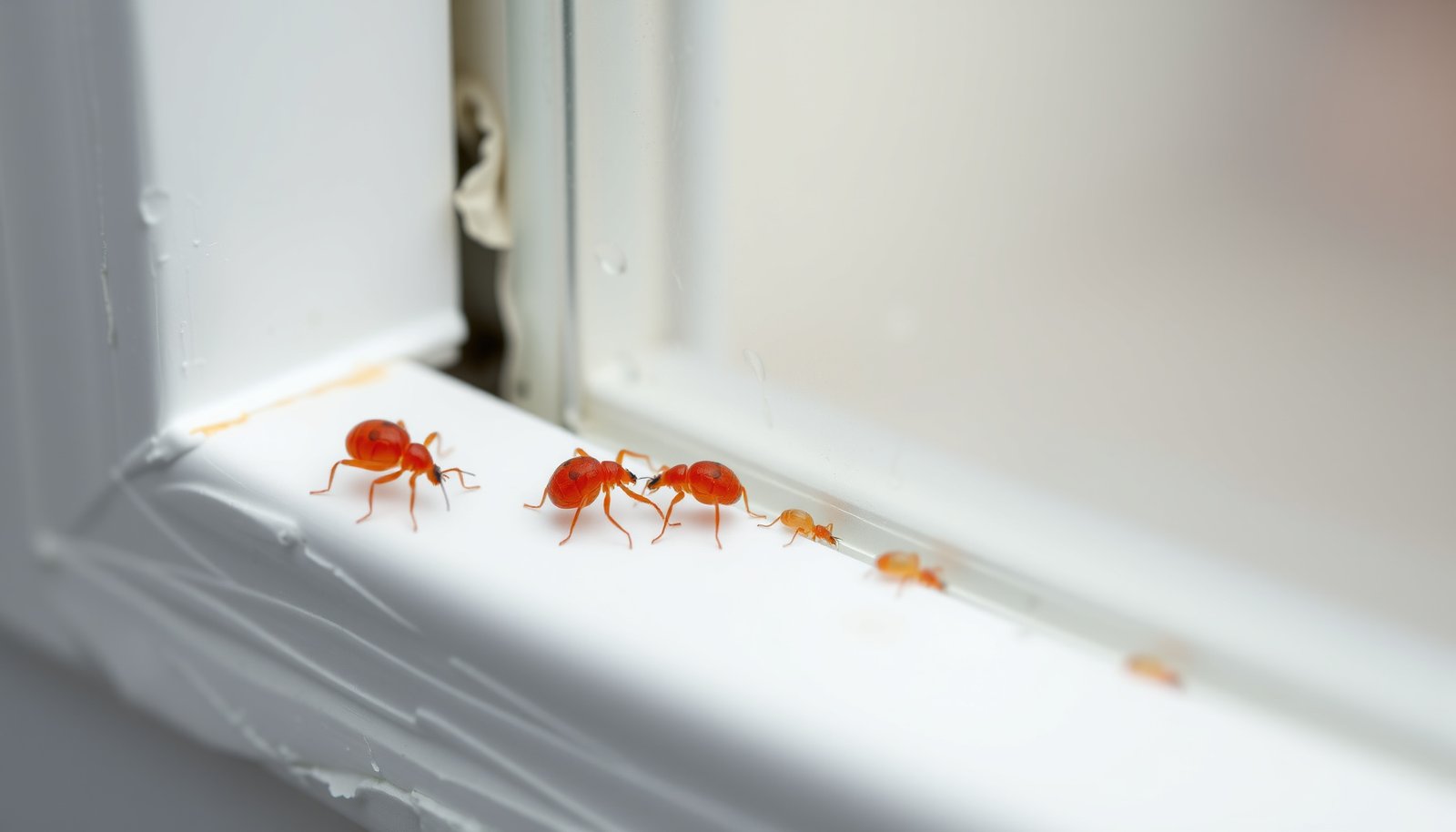 clover mites on windows and walls close-up view