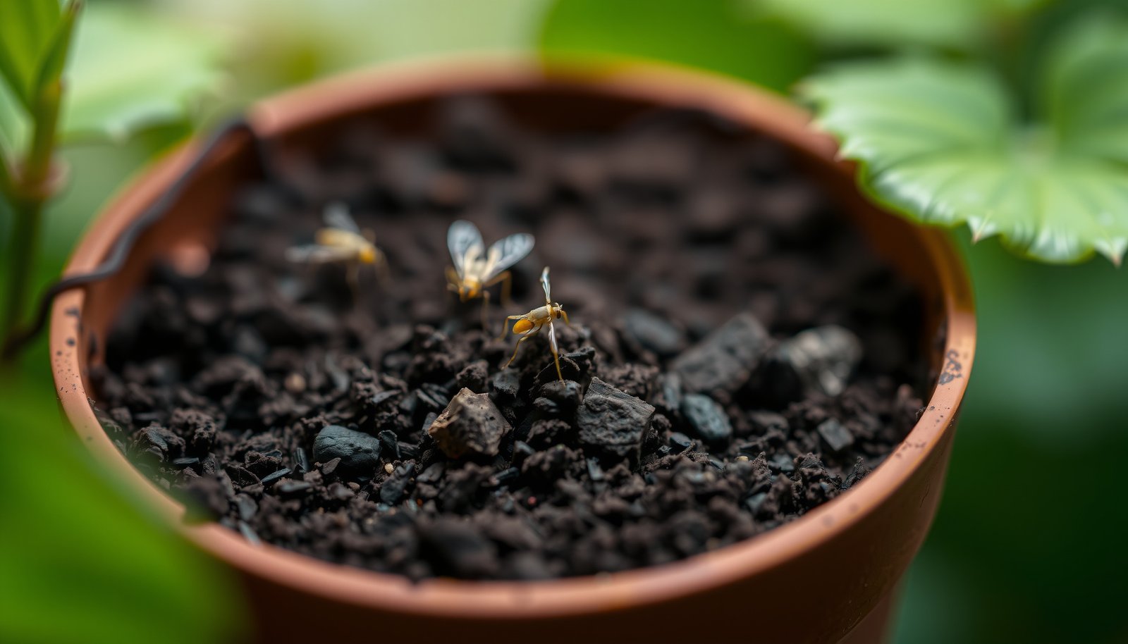 fungus gnats in houseplant soil close-up view