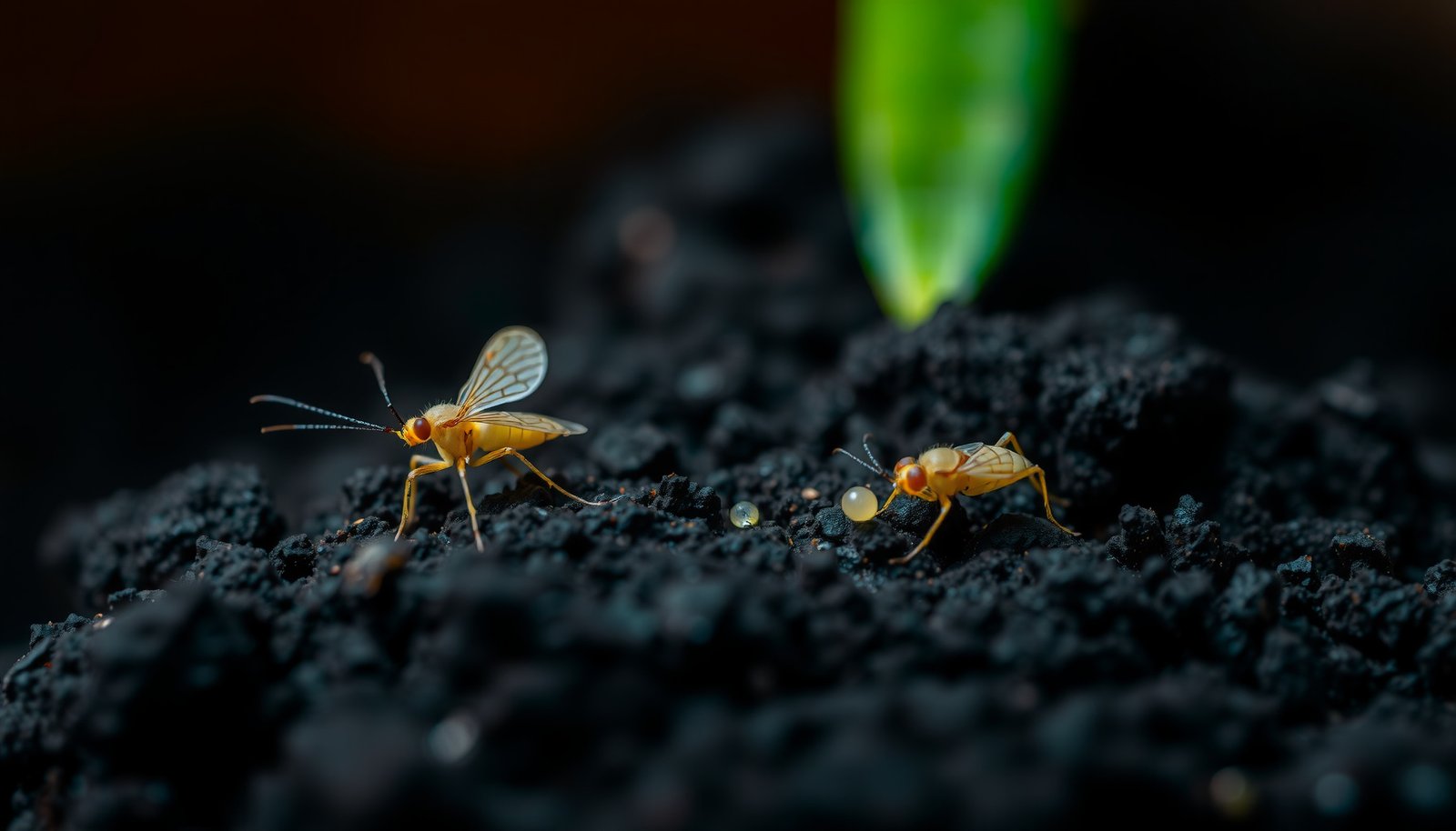 fungus gnats in houseplant soil close-up view