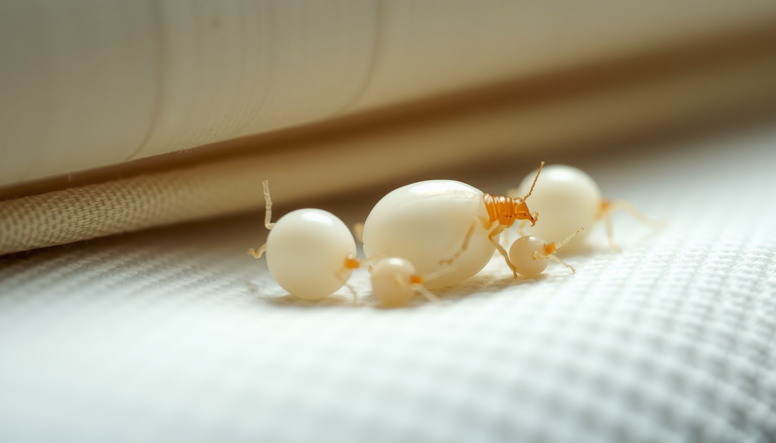 bed bug eggs and shells on mattress seams close-up view