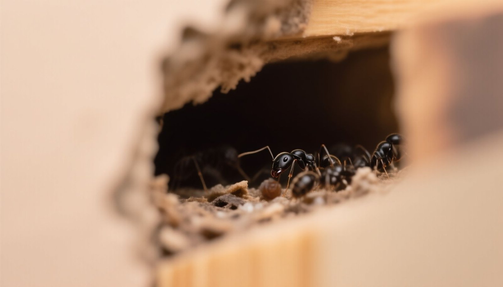 ants nesting inside a wall void close-up view