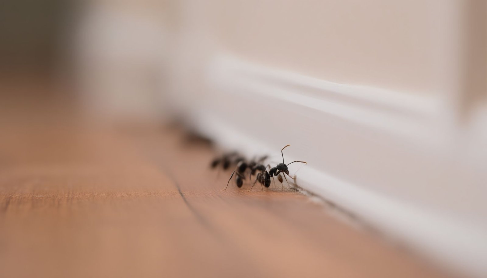 ants trailing along baseboards close-up view