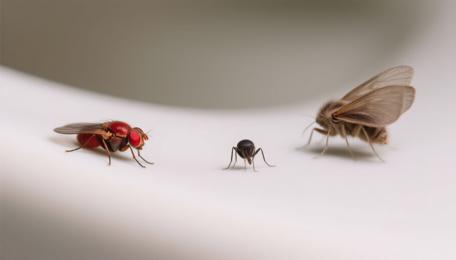 fruit flies vs fungus gnats vs drain flies close-up view