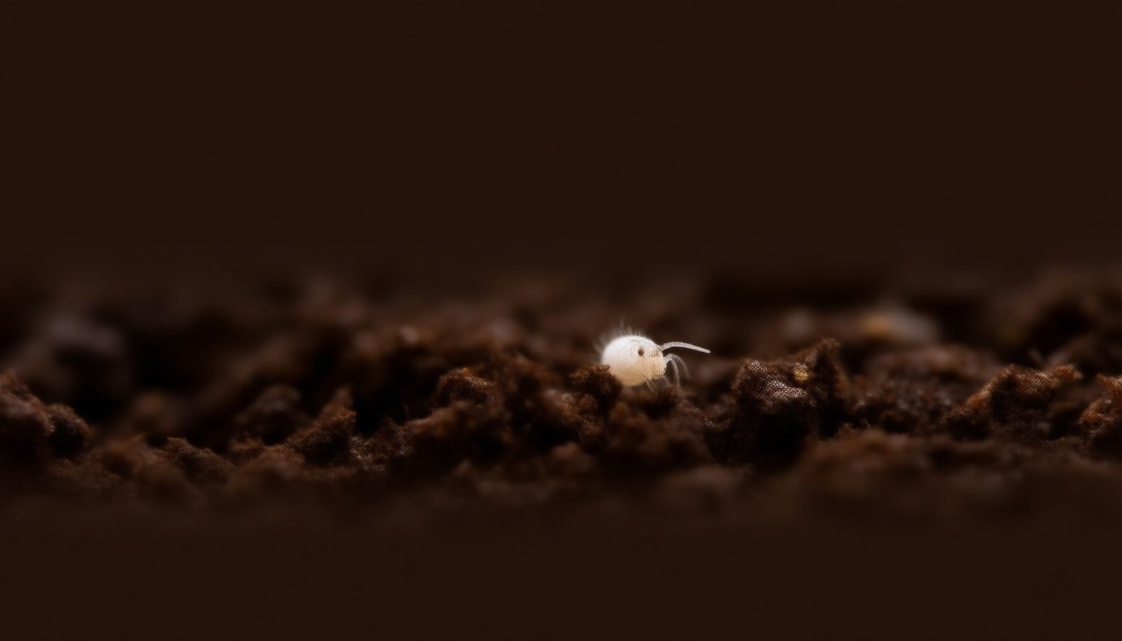 tiny white bugs in soil of houseplants close-up view